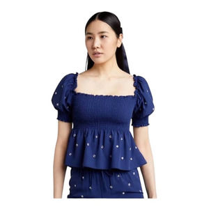 Hill House Blue Jewel Jammie Smocked front top sz S NWOT